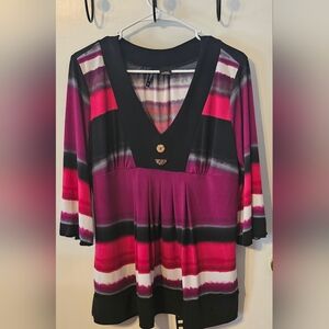 New Directions Black and Purple 3/4 Sleeve Pleated Blouse